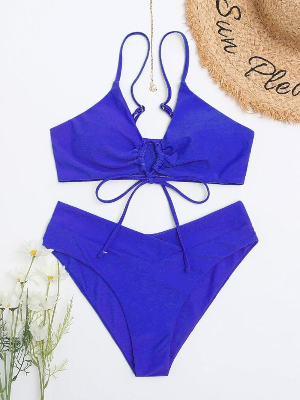 Meetall Women's Lace Up Bikini Set Size Small Royal Blue High Cut String 2 piece
